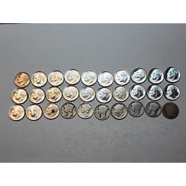 Assorted U.S. Silver Dimes Including Roosevelt and Mercury Face Value: $3.00