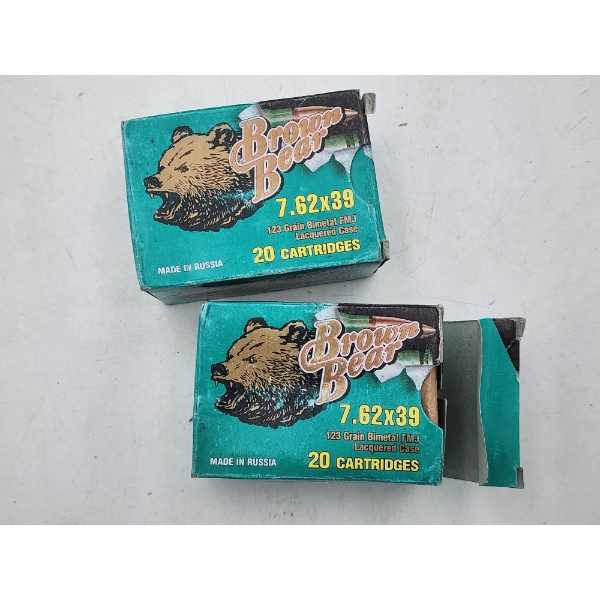 2 Full Boxes of Brown Bear 7.62x39 Rifle Ammunition -123 Grain HP & FMJ - Russian Made