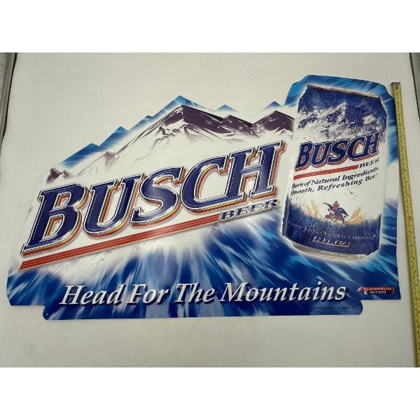 Large Busch Beer ' Head for the Mountains' Advertising Metal Sign Approx. 19"x30"