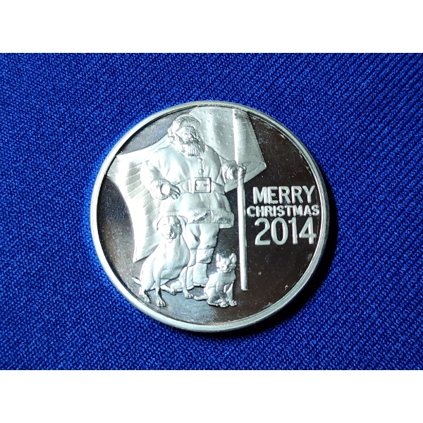 2014 Merry Christmas Santa Dog and Cat Silver Round - 1 Troy oz .999 Fine Silver 