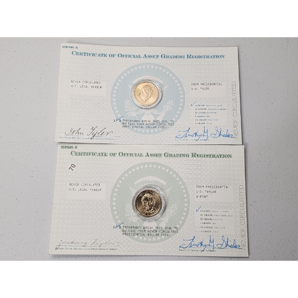 Never Circulated 2009 Certificate of Official Asset Grading Registration: J. Tyler & Z. Taylor 