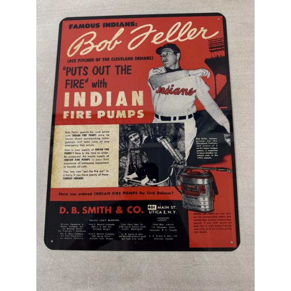 1952 Indian Fire Pumps Like NEW Metal Sign: Bob Feller Cleveland Indians Promotional
