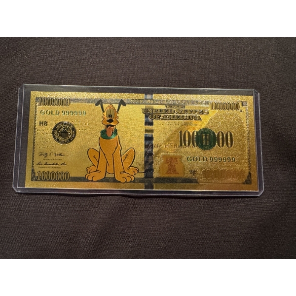 Rare Disney Pluto Gold Foil .999999 - 24K Gold Note In Protective Holder - Mint Condition