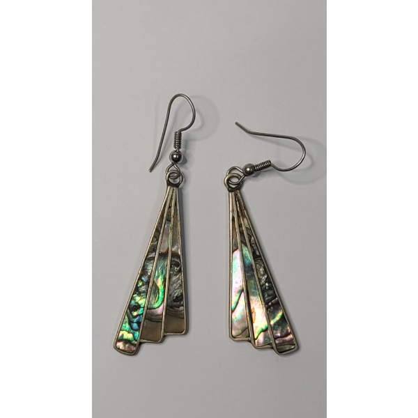 Vintage Alpaca Mexico Southwestern-Style Fan Dangle Earrings With Abalone Shell Inlay 