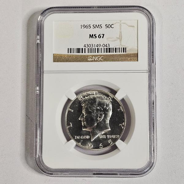 1965 SMS 90% Silver Kennedy Half Dollar authenticated and professionally graded by the NGC as MS 67