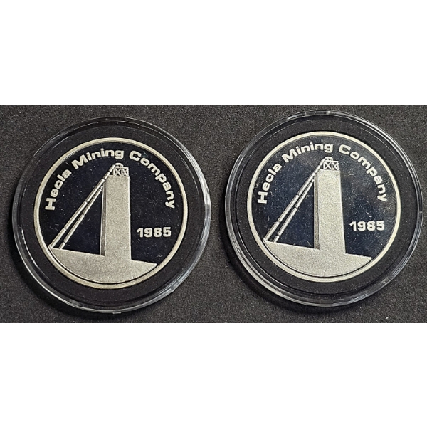 Set of 2 Hecla Mining Company 1985 Silver Rounds - 1 Troy Oz - .999 Silver