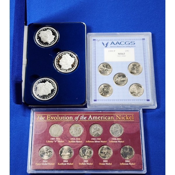 Assorted U.S. Coins & Copy Coins: Nickels, State Quarters, Morgan Dollars