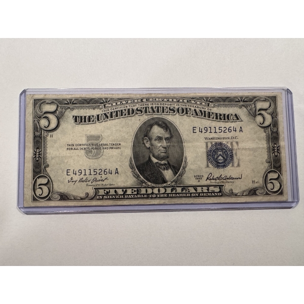 1953-A United States Lincoln $5.00 Blue Seal Silver Certificate Bill - Great Note In Holder