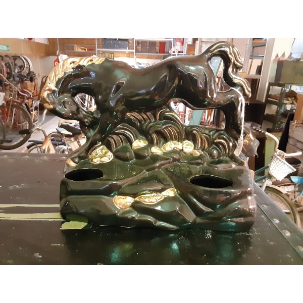 ca 1950s - TV Lamp Base / Planter - Gorgeous Black & Gold Enameled Stallion - See PIcs