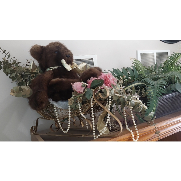 Stuffed Animal Approx 22" Real Animal Fur - Bear With Floral Arrangement As Shown In Photos 