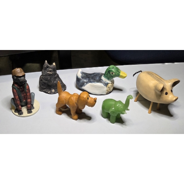 Animal Group- Including Wood Carved Dog & Pig, And Jade Elephant 