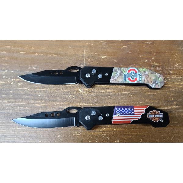 (2) Ohio State University & Harley Davidson OTS Push Button Switchblade Knives