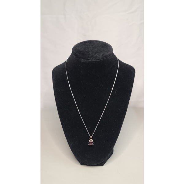 Sterling Silver Pendant With Cushion-Cut Red Garnet & Diamond On Sterling 18" Necklace -Weight: 3.7g
