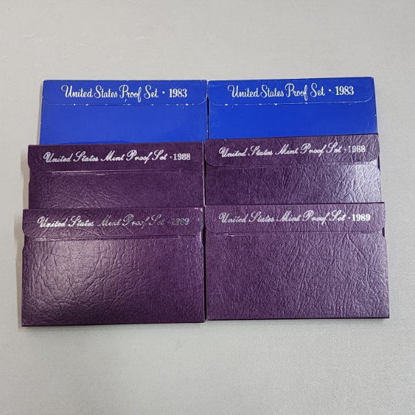 Six Assorted United States Mint Proof Sets: 1983, 1983, 1989, 1989, 1988, 1988