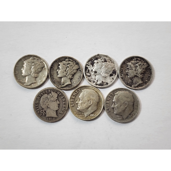 Lot of 7 Assorted Years Barber, Mercury, & Roosevelt Dimes - 90% U.S. Silver - FV: $0.70