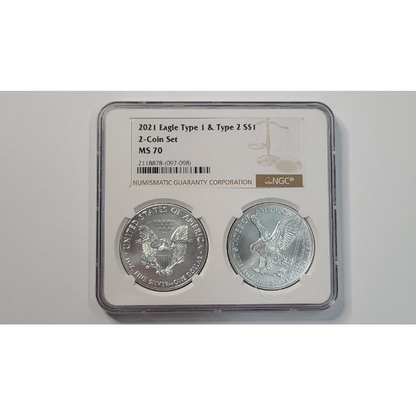 NGC 2021 MS 70 1 Troy Ounce .999 Fine Silver U.S American Eagle 2-Coin Set - Type 1 & Type 2