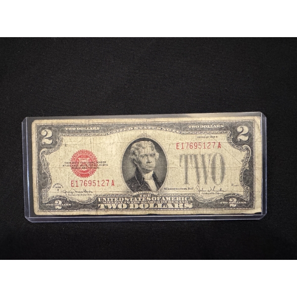 1928 United States Jefferson $2.00 Bill In Protective Holder - Excellent Condition