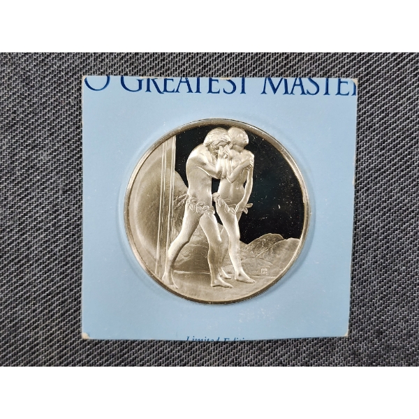 Very Nice, Harder To Find STERLING SILVER Adam & Eve Expulsion From Paradise Coin in Plastic ~ 66G
