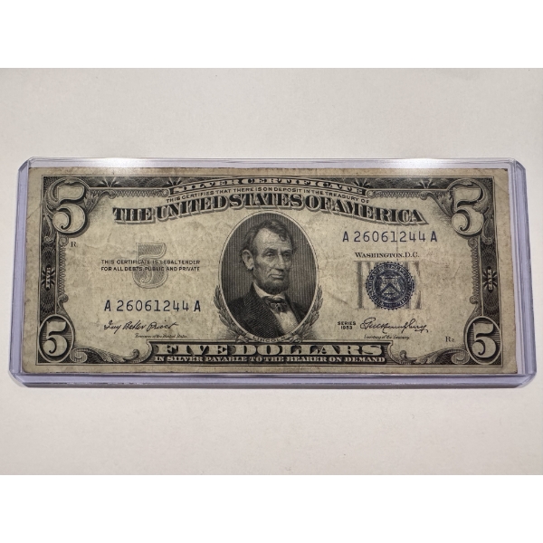 1953 United States Lincoln $5.00 Blue Seal Silver Certificate In A Protective Holder - Excellent Bil