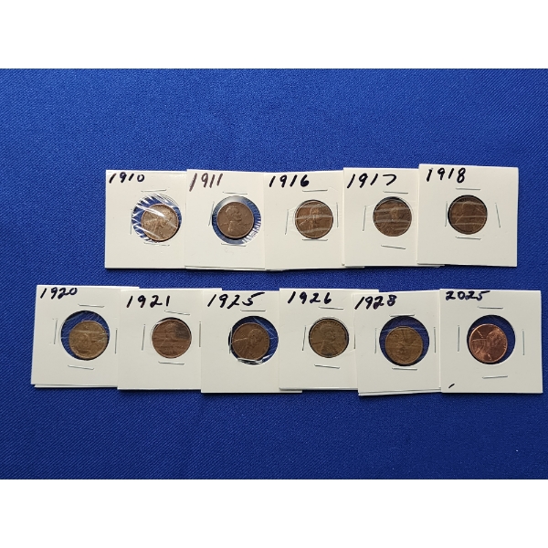Assorted United States Lincoln Cents Including (1) 2025 Penny & (10) Assorted Years Wheat Pennies
