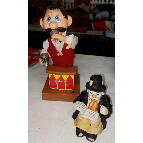 Lot of 2 Musical Figurines - Animated Musical Bartender & Clown Music Box