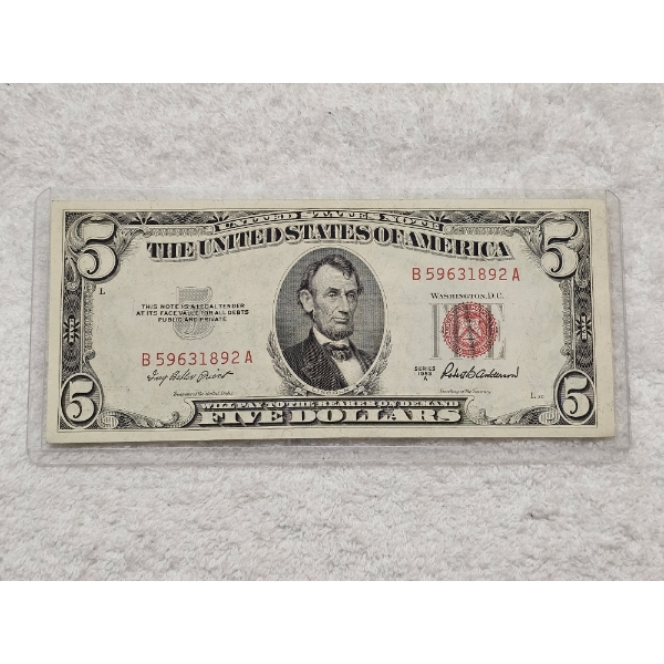 U.S. 1953 $5 Red Seal Bank Note in Protective Casing