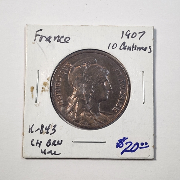 1907 France 10 Centimes Bronze Coin "K-843 CH BRN UNC" 
