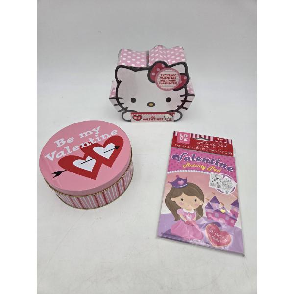 Brand New Hello Kitty 32 Valentines, Small Cute Tin, And Activity Pad