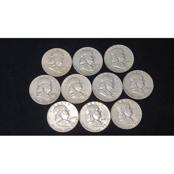Assorted Years 90% Silver Franklin Half Dollars - Face Value: $5.00
