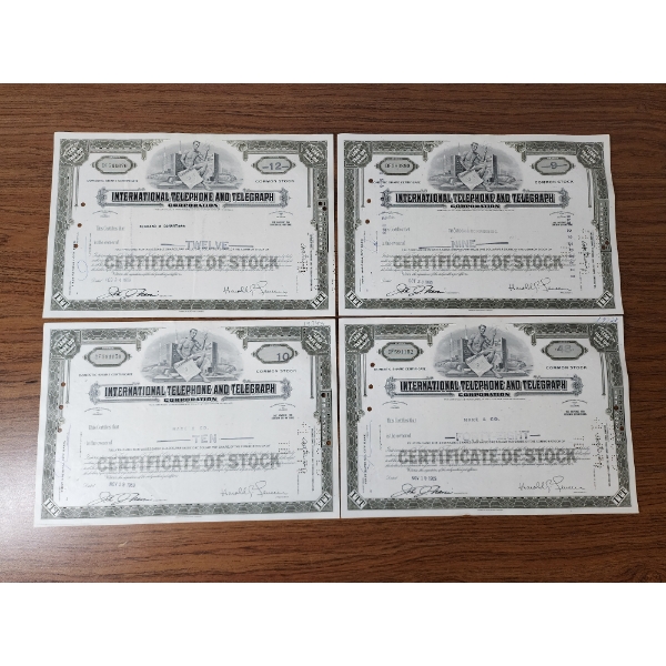Lot of (4) International Telephone and Telegraph Stock Certificates - Dated 1969
