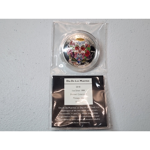 Rare 2018 "Day of the Dead" Domed Colorized 1 oz .999 Fine Silver Proof Round