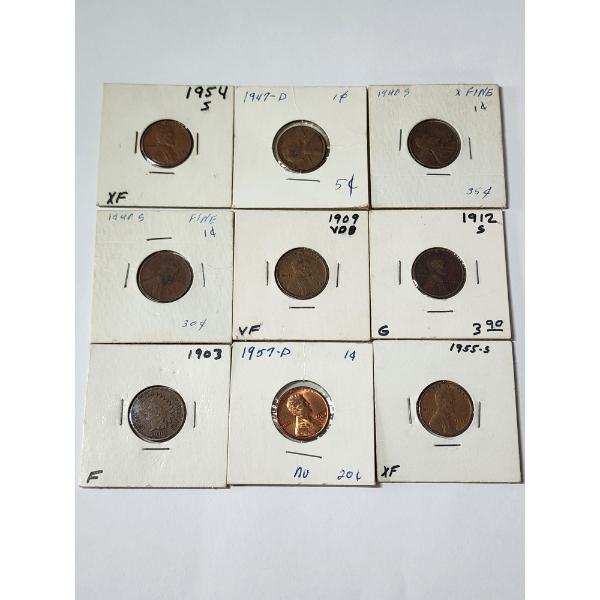 (9) Assorted Years U.S. Cents - INCLUDING: 1912-S Wheat, 1909 VBD Wheat, 1903 Indian Head & More! 