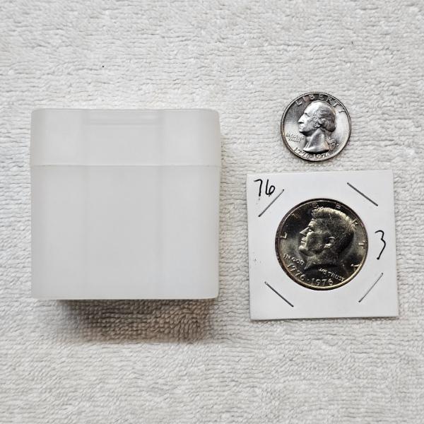 1 oz Silver Bullion Bar Storage Tube with Two Bicentennial Coins FV: $.75