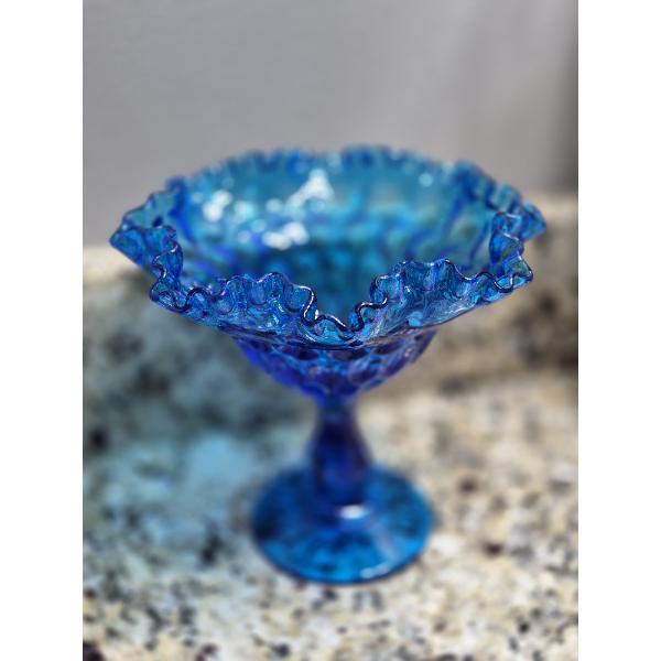 PICKUP IN NORTHFIELD - Fenton Crystal Blue Ruffled compote 7.5" Tall - Perfect Condition  See Pics 