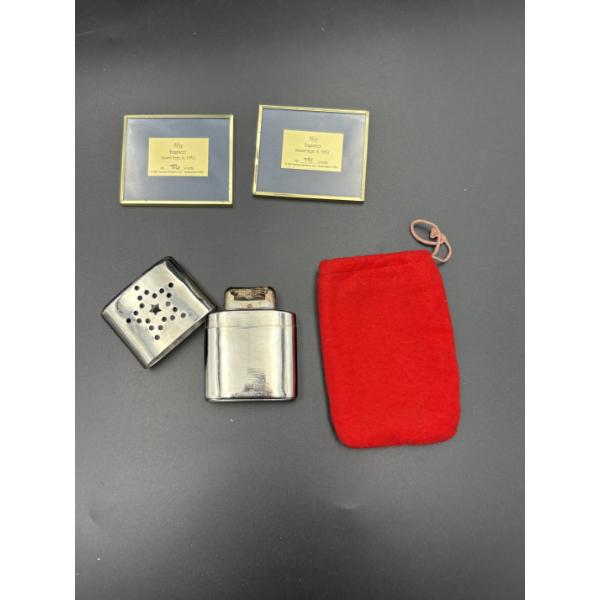 Vintage Stainless-Steel Hand Warmer in Red Pouch & Framed Stamp Displays (2) 