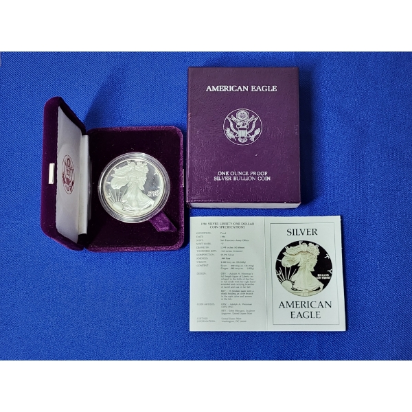 1986-S American Silver Eagle Proof 1 oz .999 Fine Silver w/ Box & COA 