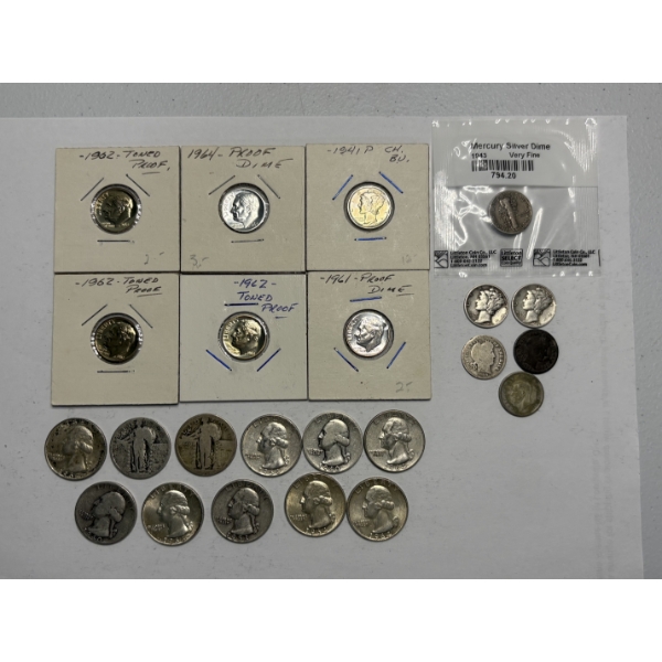 Lot of 90% Silver, Assorted Year, Dimes and Quarters, including 1 Canadian Dime, FV $3.95