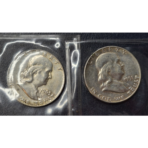 2 Pcs 90% Silver Silver Halves - Franklin - See Pictures