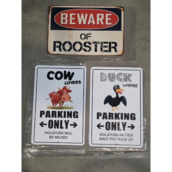 Three Brand New 12''x8'' Tin Decorative Beware Of Rooster, And Duck & Cow No Parking Signs 