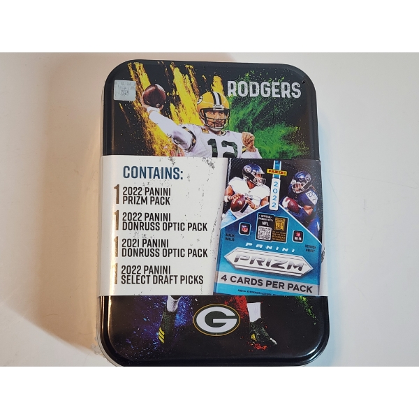 2022 Panini Prizm Aaron Rodgers NFL Collector's Tin Ft. Four Sealed Packs of Football Cards in Tin