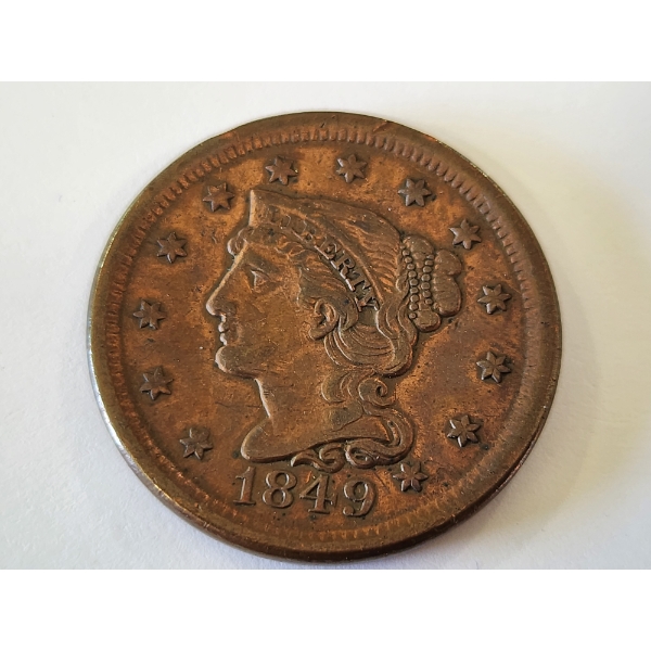 1849 United States Braided Hair Large Cent - Good Condition 