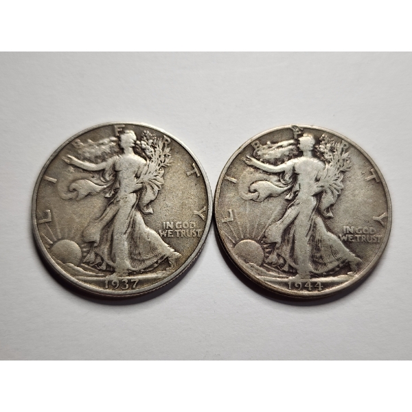 Two Walking Liberty 90% Silver Half Dollars ~ 1937 & 1944 ~ $1.00 Face Value