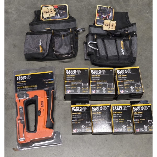 New! Klein Tools Cable Stapler, 7 Boxes Of Staples & 2 New Tool Pouches