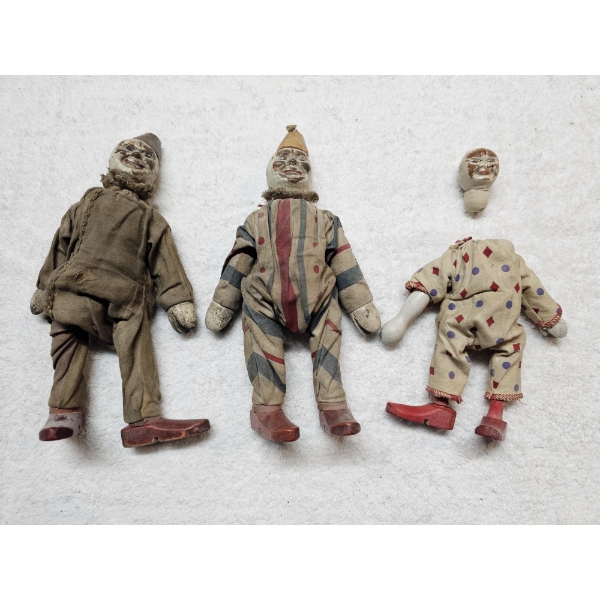 3 Vintage Wooden Clown Dolls 