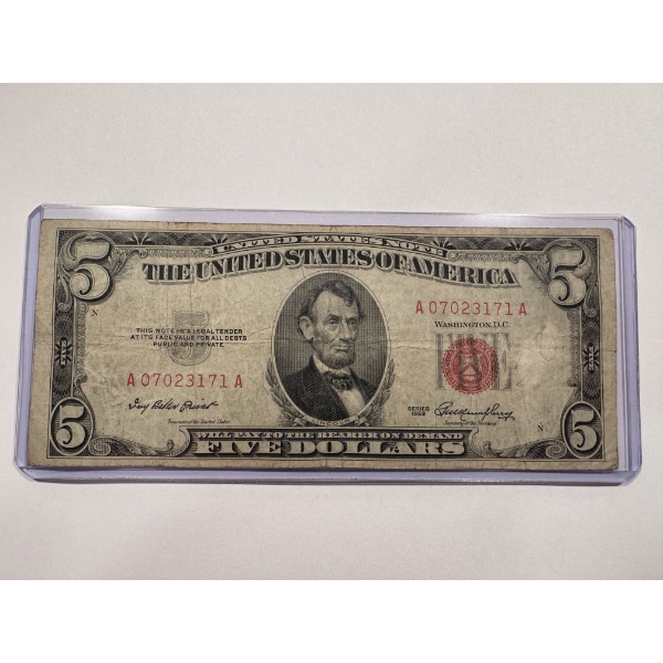 1953 United States Lincoln $5.00 Red Seal Silver Certificate Bill - Great Note In Holder