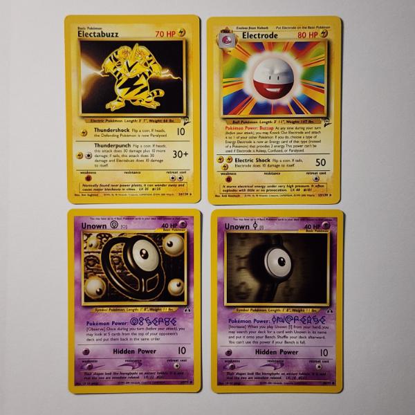 Four Assorted Vintage Pokemon Trading Cards Including Two Rares & Unown Cards ~ All Near Mint