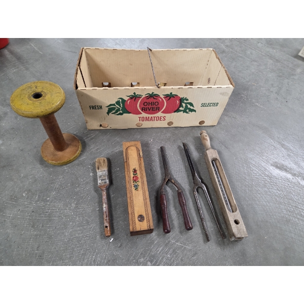Vintage Collectables Including Hair Irons, Wooden Bath Thermometer, Beautiful Pencil Case & More