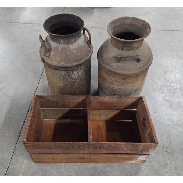 Beautiful Vintage 26''x12'' Wood Sunkist Crate And 2 Vintage Metal Milk Cans