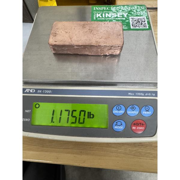 Incredible 1.175 LB Pound Copper Ingot Bar - Mint Condition - Exceptional Piece