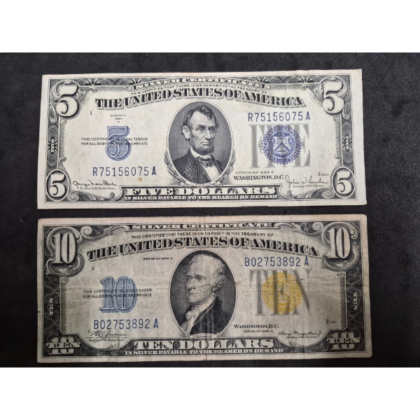 U.S. Silver Certificates - 1934A $10 Yellow Seal  & 1934D $5 Blue Seal  - Hard To Find Vintage Notes